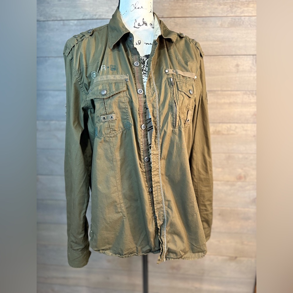 FLTR Olive Green Utility Button-Up Shirt Women's Large 100% Cotton Workwear